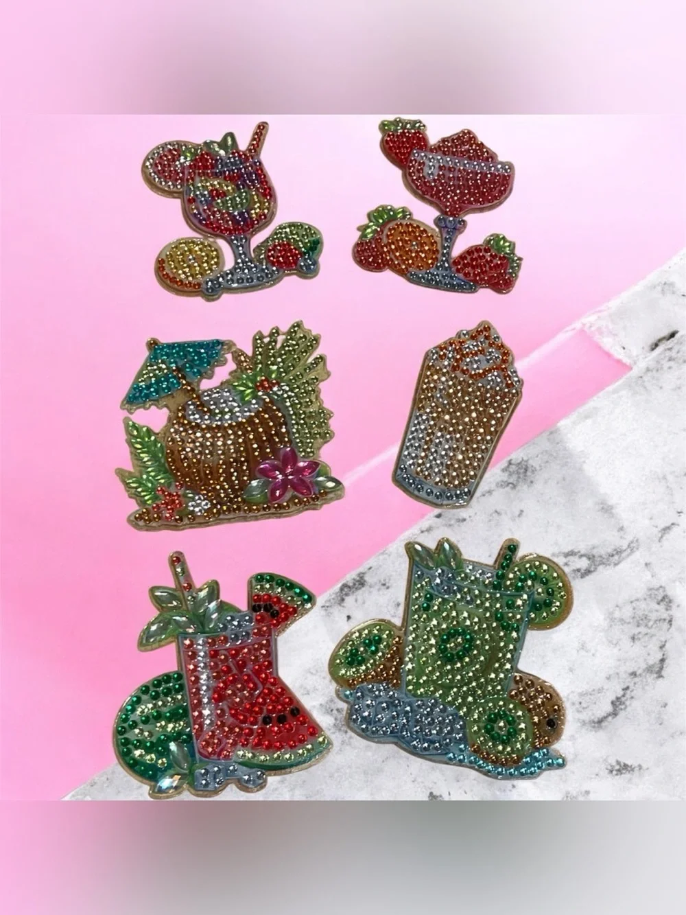 🍹Set of six handmade diamond art, tropical drink magnets🍹- Sealed